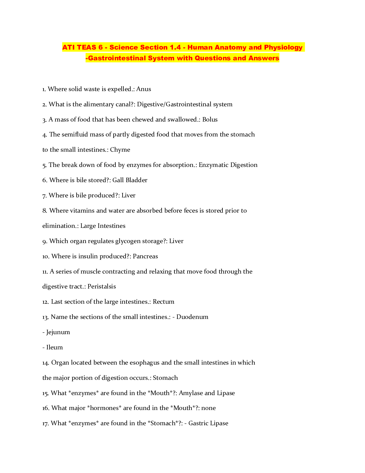 Preview of ATI TEAS 6 - Science Section 1.4 - Human Anatomy and Physiology -Gastrointestinal System w